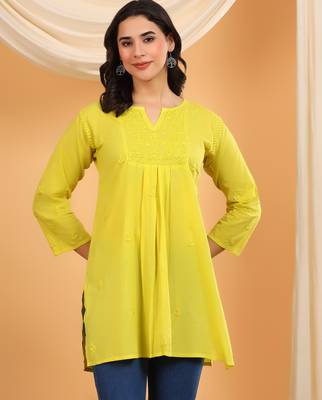 Women green floral embroidered chikankari v neck pure cotton flared short kurtis 1