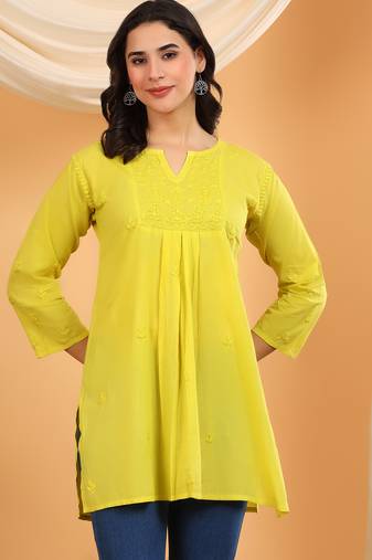 Women green floral embroidered chikankari v neck pure cotton flared short kurtis