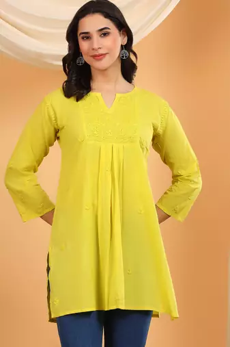 Women green floral embroidered chikankari v neck pure cotton flared short kurtis