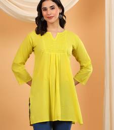 Women green floral embroidered chikankari v neck pure cotton flared short kurtis