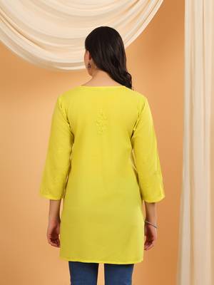 Women green floral embroidered chikankari v neck pure cotton flared short kurtis 2