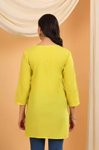 Women green floral embroidered chikankari v neck pure cotton flared short kurtis