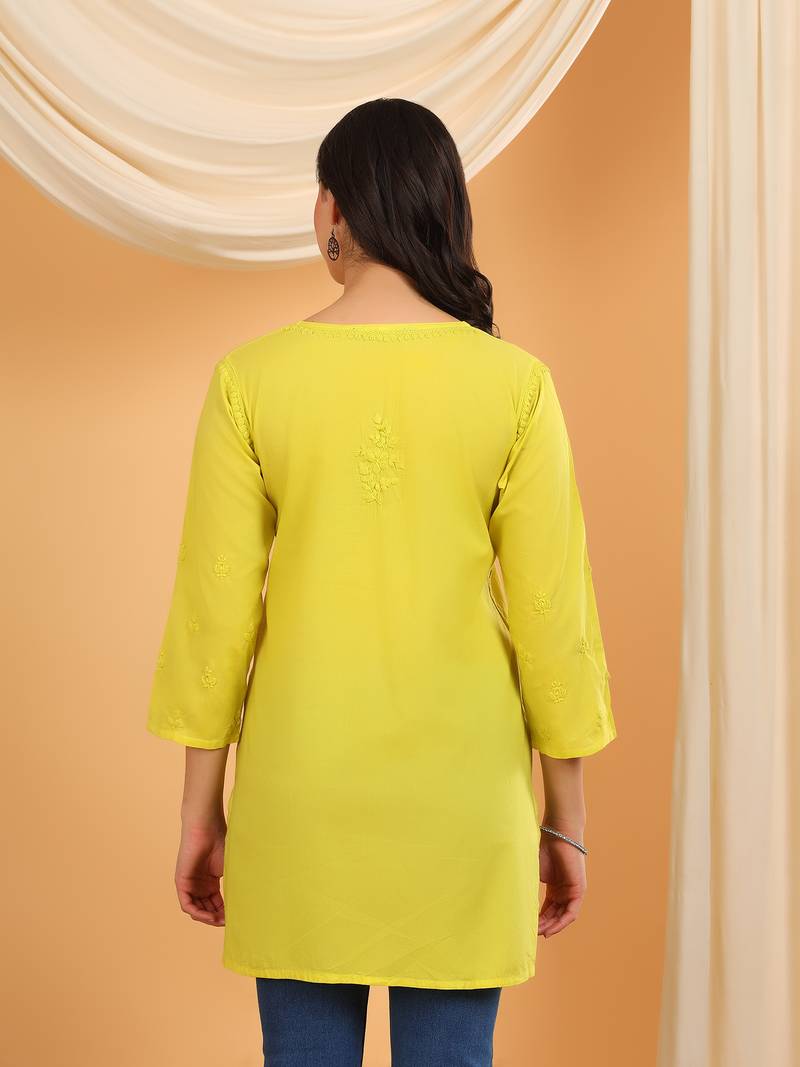 Women green floral embroidered chikankari v neck pure cotton flared short kurtis
