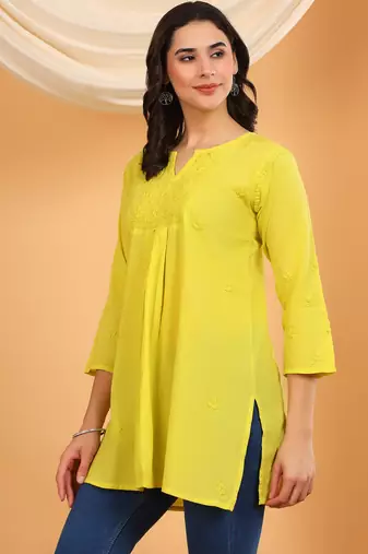 Women green floral embroidered chikankari v neck pure cotton flared short kurtis