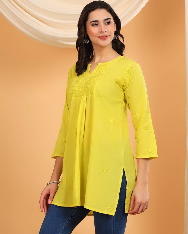 Women green floral embroidered chikankari v neck pure cotton flared short kurtis