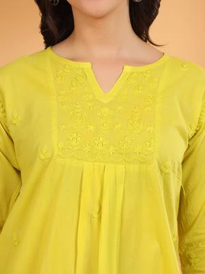 Women green floral embroidered chikankari v neck pure cotton flared short kurtis 4