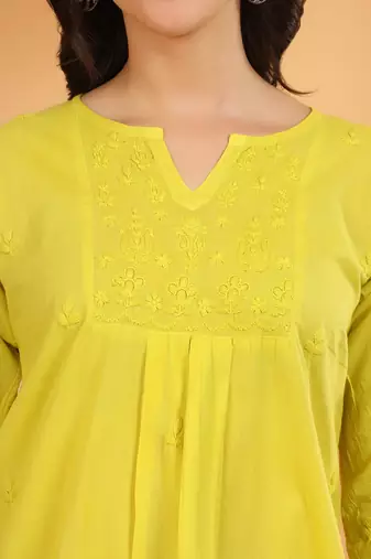 Women green floral embroidered chikankari v neck pure cotton flared short kurtis