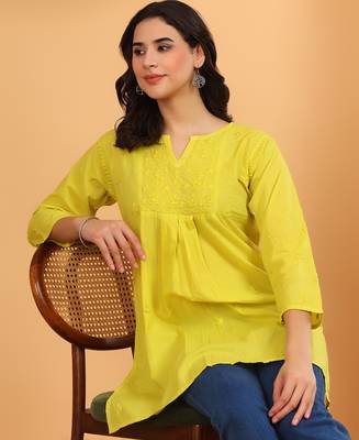 Women green floral embroidered chikankari v neck pure cotton flared short kurtis 5