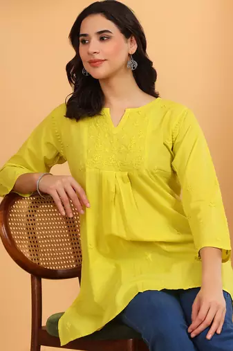 Women green floral embroidered chikankari v neck pure cotton flared short kurtis