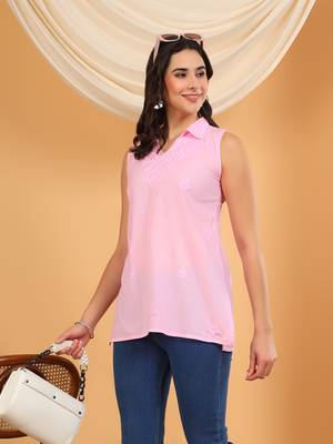 Women pink ethnic motifs embroidered chikankari sleevless pure cotton short kurtis 5
