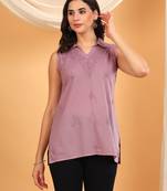 Women mauve floral motifs embroidered chikankari sleeveless pure cotton short kurtis