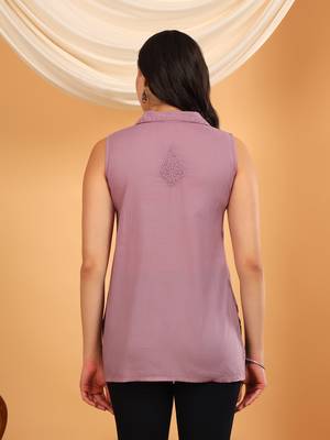 Women mauve floral motifs embroidered chikankari sleeveless pure cotton short kurtis 2