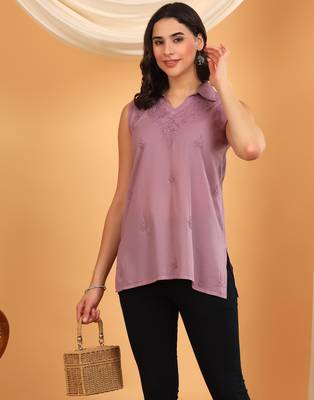 Women mauve floral motifs embroidered chikankari sleeveless pure cotton short kurtis 5