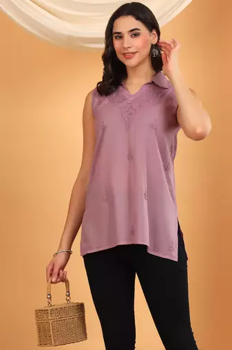 Women mauve floral motifs embroidered chikankari sleeveless pure cotton short kurtis