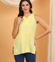 Women yellow floral butis embroidered chikankari sleeveless pure cotton short kurtis