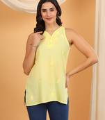 Women yellow floral butis embroidered chikankari sleeveless pure cotton short kurtis