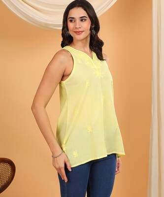 Women yellow floral butis embroidered chikankari sleeveless pure cotton short kurtis 3