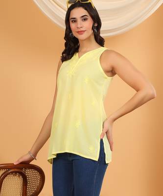 Women yellow floral butis embroidered chikankari sleeveless pure cotton short kurtis 5