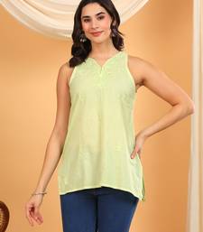 Women lime green floral butis embroidered chikankari sleeveless pure cotton short kurtis