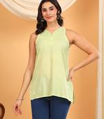 Women lime green floral butis embroidered chikankari sleeveless pure cotton short kurtis