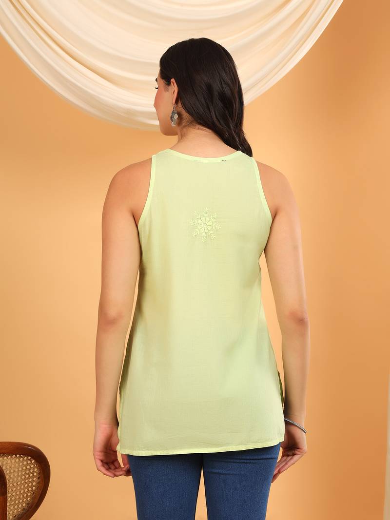 Women lime green floral butis embroidered chikankari sleeveless pure cotton short kurtis