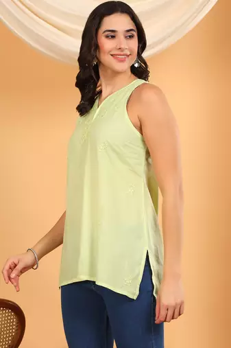 Women lime green floral butis embroidered chikankari sleeveless pure cotton short kurtis