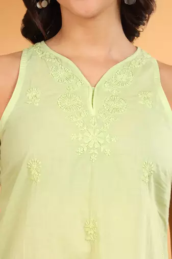 Women lime green floral butis embroidered chikankari sleeveless pure cotton short kurtis