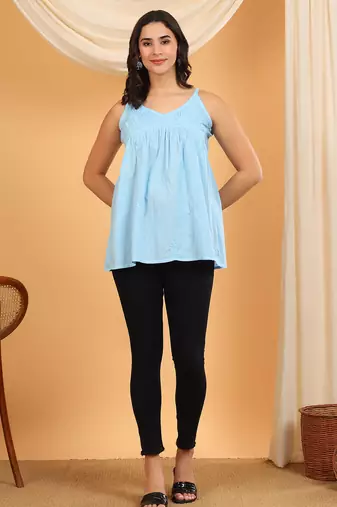 Women blue ethnic motifs embroidered chikankari cotton short strap kurti