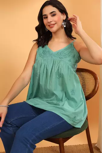 Women green ethnic motifs embroidered chikankari cotton short strap kurti