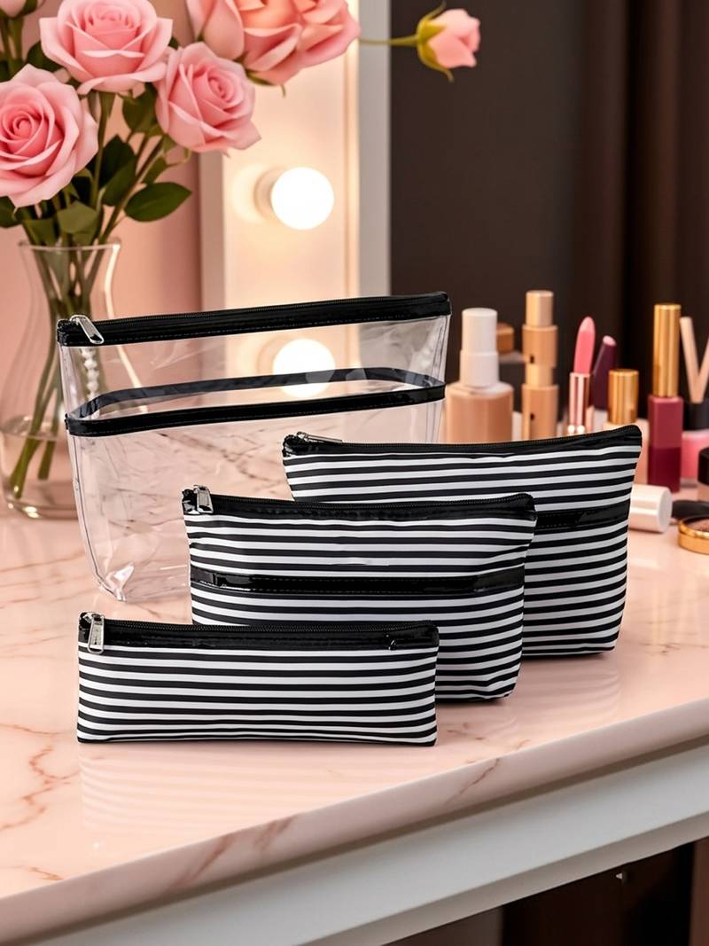  cosmetic makeup kit travel bag pouch  pencil lipstick holder, toiletry bags for women & men set of 4 (black)