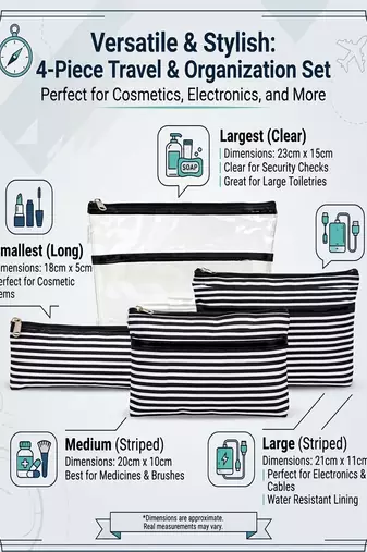  cosmetic makeup kit travel bag pouch  pencil lipstick holder, toiletry bags for women & men set of 4 (black)