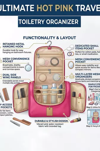  nylon pink hanging travel toiletry bag makeup storage vanity cosmetic hygiene bag organizer jewellery pouch