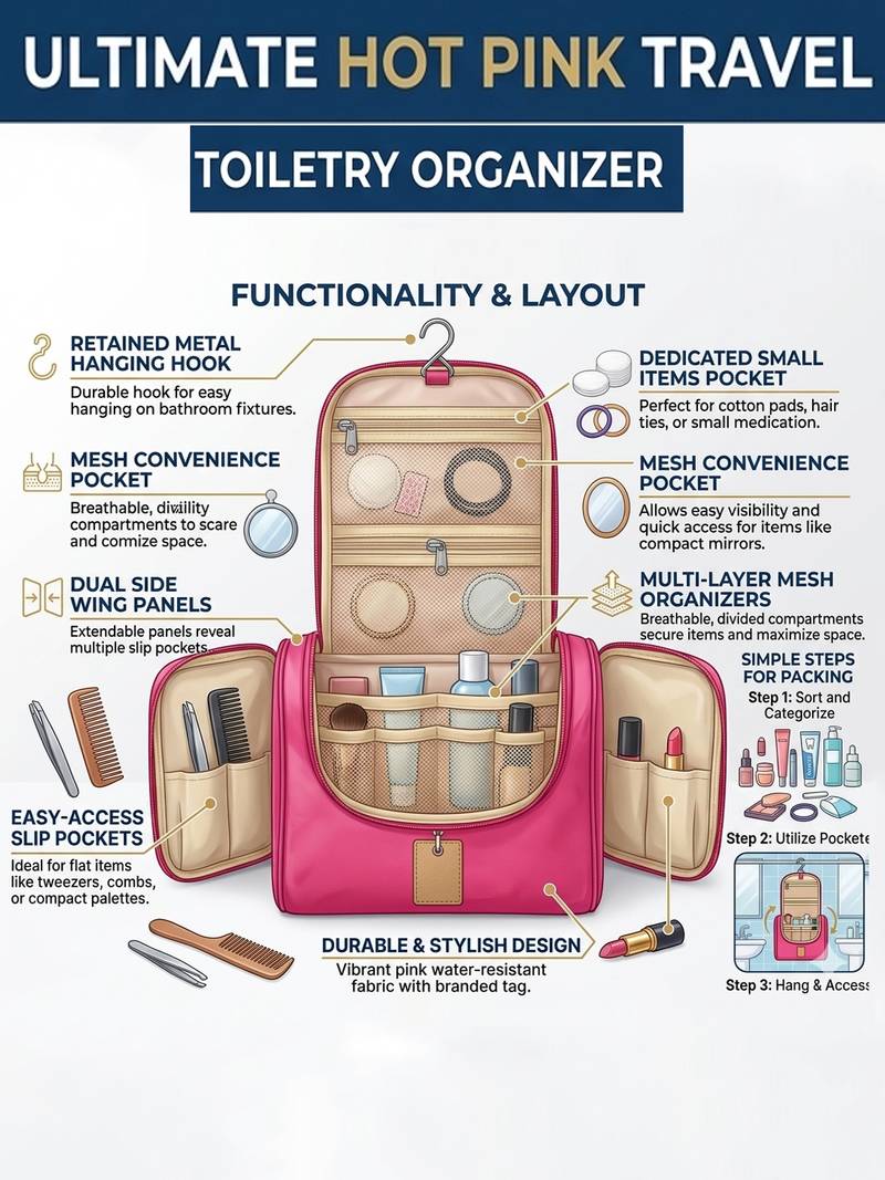  nylon pink hanging travel toiletry bag makeup storage vanity cosmetic hygiene bag organizer jewellery pouch