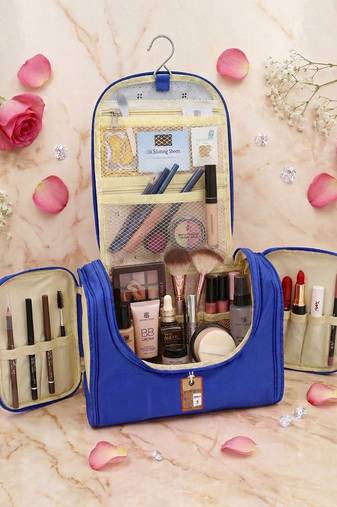  nylon blue hanging travel toiletry bag makeup storage vanity cosmetic hygiene bag organizer jewellery pouch