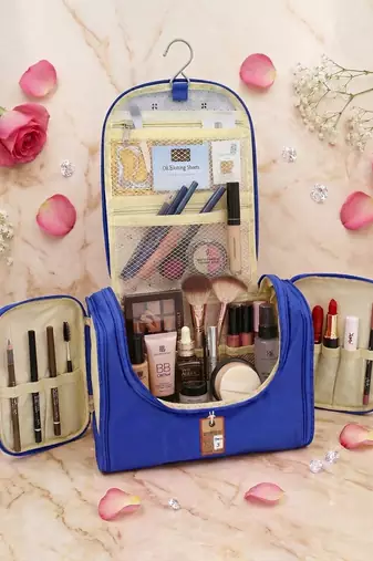  nylon blue hanging travel toiletry bag makeup storage vanity cosmetic hygiene bag organizer jewellery pouch
