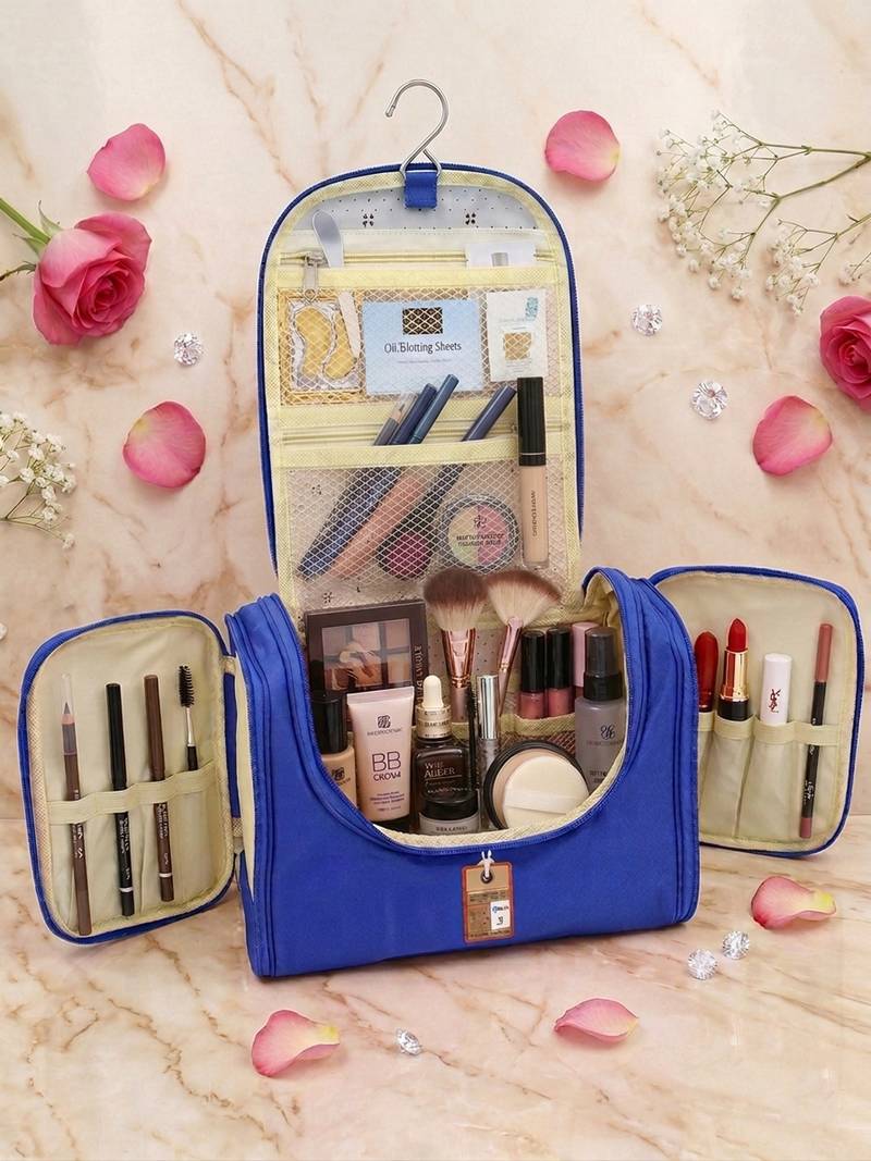  nylon blue hanging travel toiletry bag makeup storage vanity cosmetic hygiene bag organizer jewellery pouch
