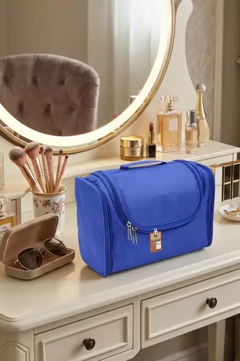  nylon blue hanging travel toiletry bag makeup storage vanity cosmetic hygiene bag organizer jewellery pouch