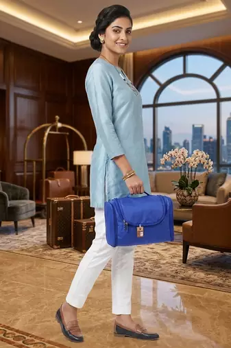  nylon blue hanging travel toiletry bag makeup storage vanity cosmetic hygiene bag organizer jewellery pouch