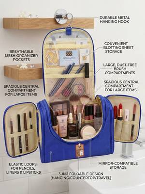  nylon blue hanging travel toiletry bag makeup storage vanity cosmetic hygiene bag organizer jewellery pouch 4