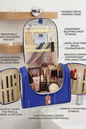  nylon blue hanging travel toiletry bag makeup storage vanity cosmetic hygiene bag organizer jewellery pouch