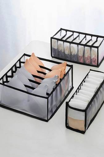  mesh grid storage organizer for clothes for socks, bra, tie, and scarfs, underwear & panties set of 3 black