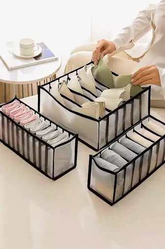  mesh grid storage organizer for clothes for socks, bra, tie, and scarfs, underwear & panties set of 3 black