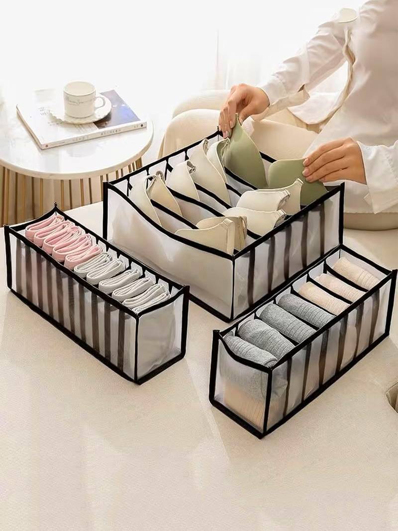  mesh grid storage organizer for clothes for socks, bra, tie, and scarfs, underwear & panties set of 3 black