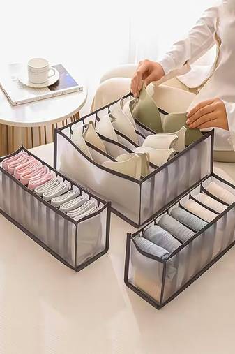  mesh grid storage organizer for clothes for socks, bra, tie, and scarfs, underwear & panties set of 3 grey