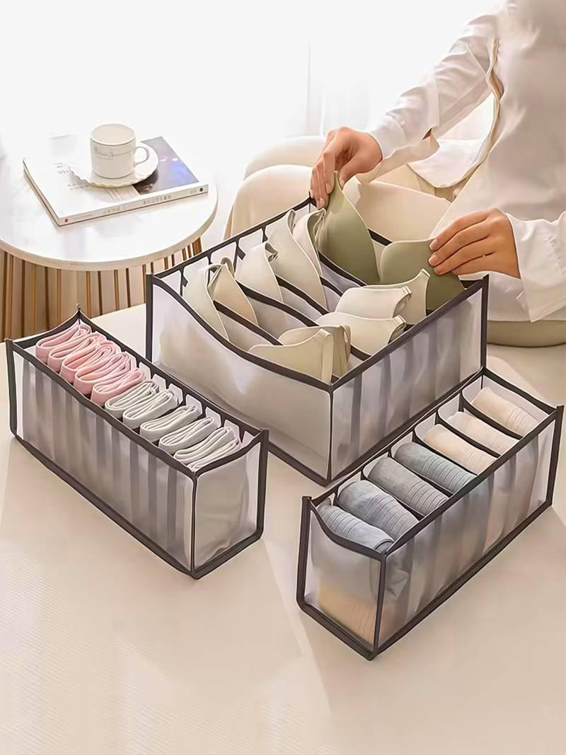  mesh grid storage organizer for clothes for socks, bra, tie, and scarfs, underwear & panties set of 3 grey