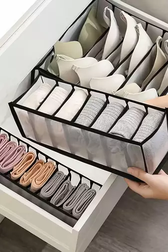 mesh grid storage organizer for clothes for socks, bra, tie, and scarfs, underwear & panties set of 3 grey