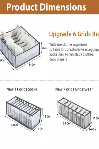  mesh grid storage organizer for clothes for socks, bra, tie, and scarfs, underwear & panties set of 3 black