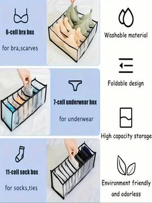  mesh grid storage organizer for clothes for socks, bra, tie, and scarfs, underwear & panties set of 3 grey 3