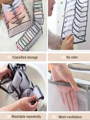  mesh grid storage organizer for clothes for socks, bra, tie, and scarfs, underwear & panties set of 3 grey 4