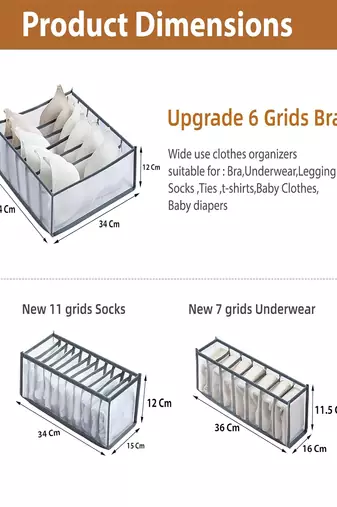  mesh grid storage organizer for clothes for socks, bra, tie, and scarfs, underwear & panties set of 3 grey